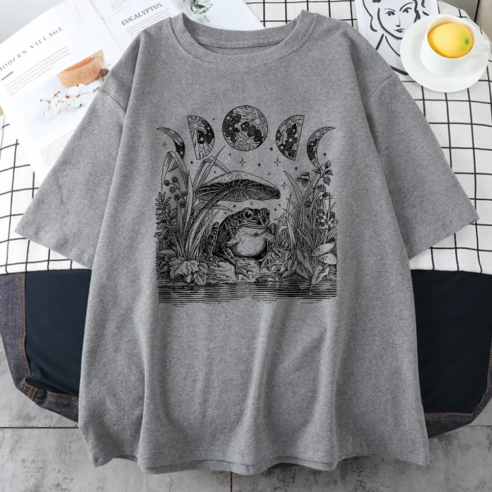 T-shirt en coton surdimensionné décontracté vintage pour hommes, tee-shirt créatif, chambre lente, lune, agecore esthétique, jugement mignon, grenouille, sorcière