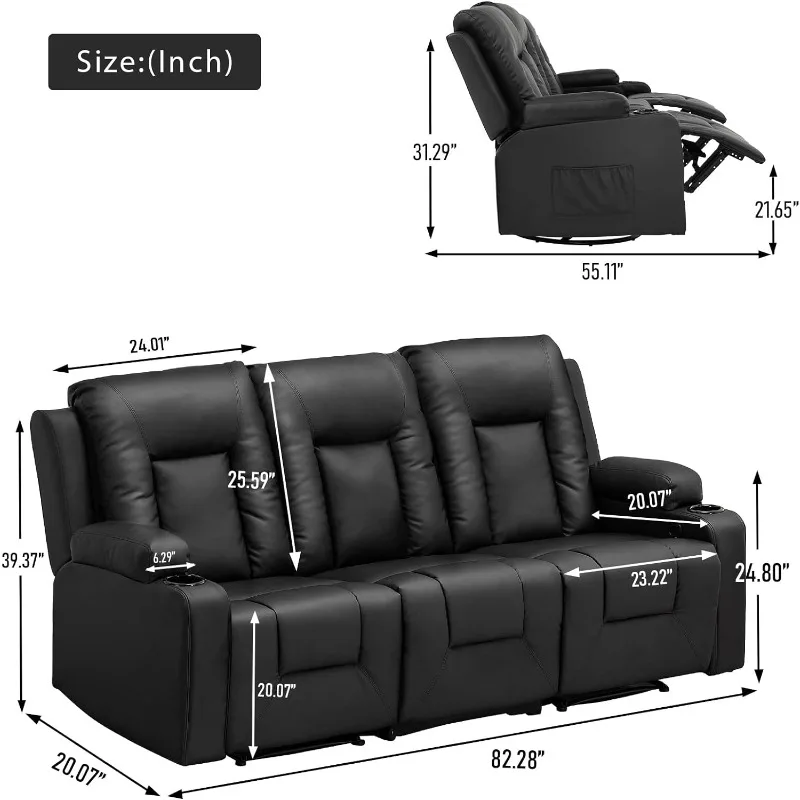 Recline Chair Set，Furniture 2PC Bonded Leather Recliner Set Living Room Set, Sofa, Loveseat（Black,Living Room Set3+2）