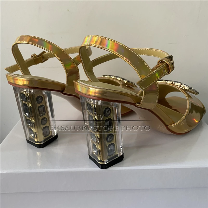 Unique High Heel Ankle Strap Sandals Women Luxury Laser Patent Leather Diamond Square Buckle Summer Shoes