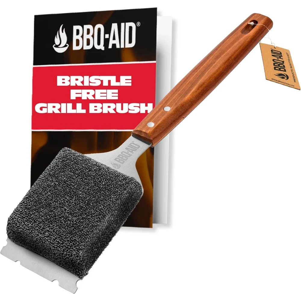 

BBQ-AID Bristle Free Grill Brush and Scraper for Barbecue - Extended Large Wooden Handle With Replaceable Head - No Scratch BBQ
