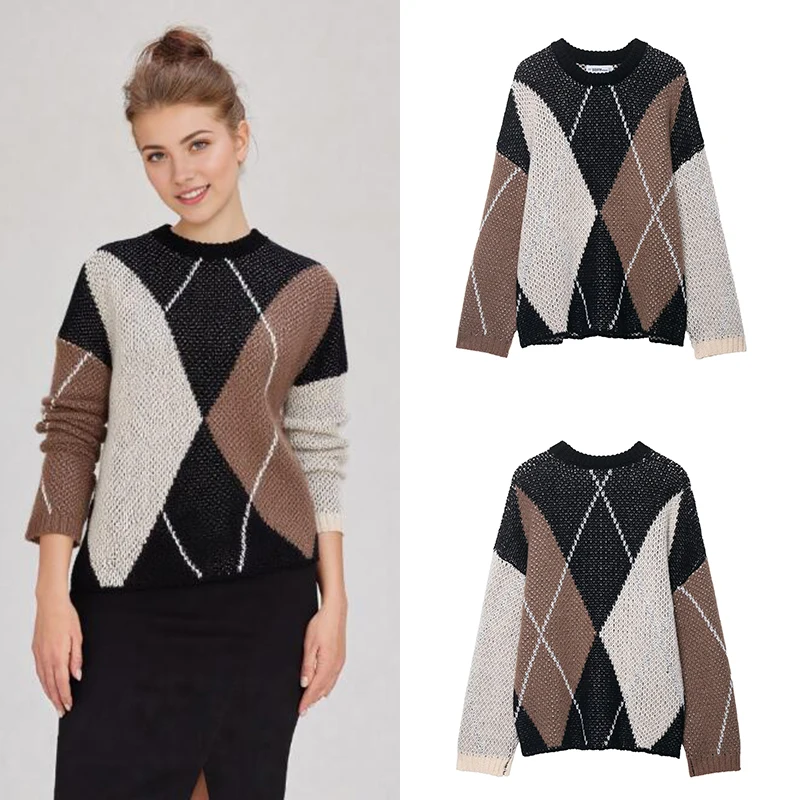 

Новинка 2023 года, осенне-зимний модный повседневный женский клетчатый пуловер, свитер, женские свободные вязаные топы с длинными рукавами, Pull Femme