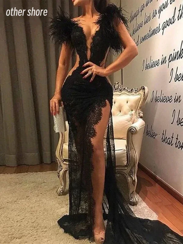 

Other Shore Elegant Vintage Sexy Lace Black Mermaid Feathers V-Neck Customize Formal Occasion Prom Dress Evening Party Gowns