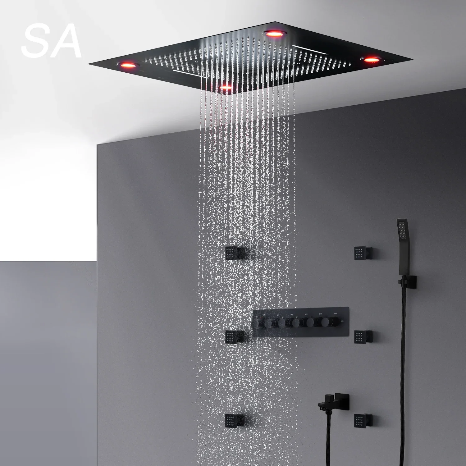 Cabezal de ducha LED de lluvia de techo negro mate de lujo, 20 pulgadas, Spa, niebla, válvula termostática de 3 vías