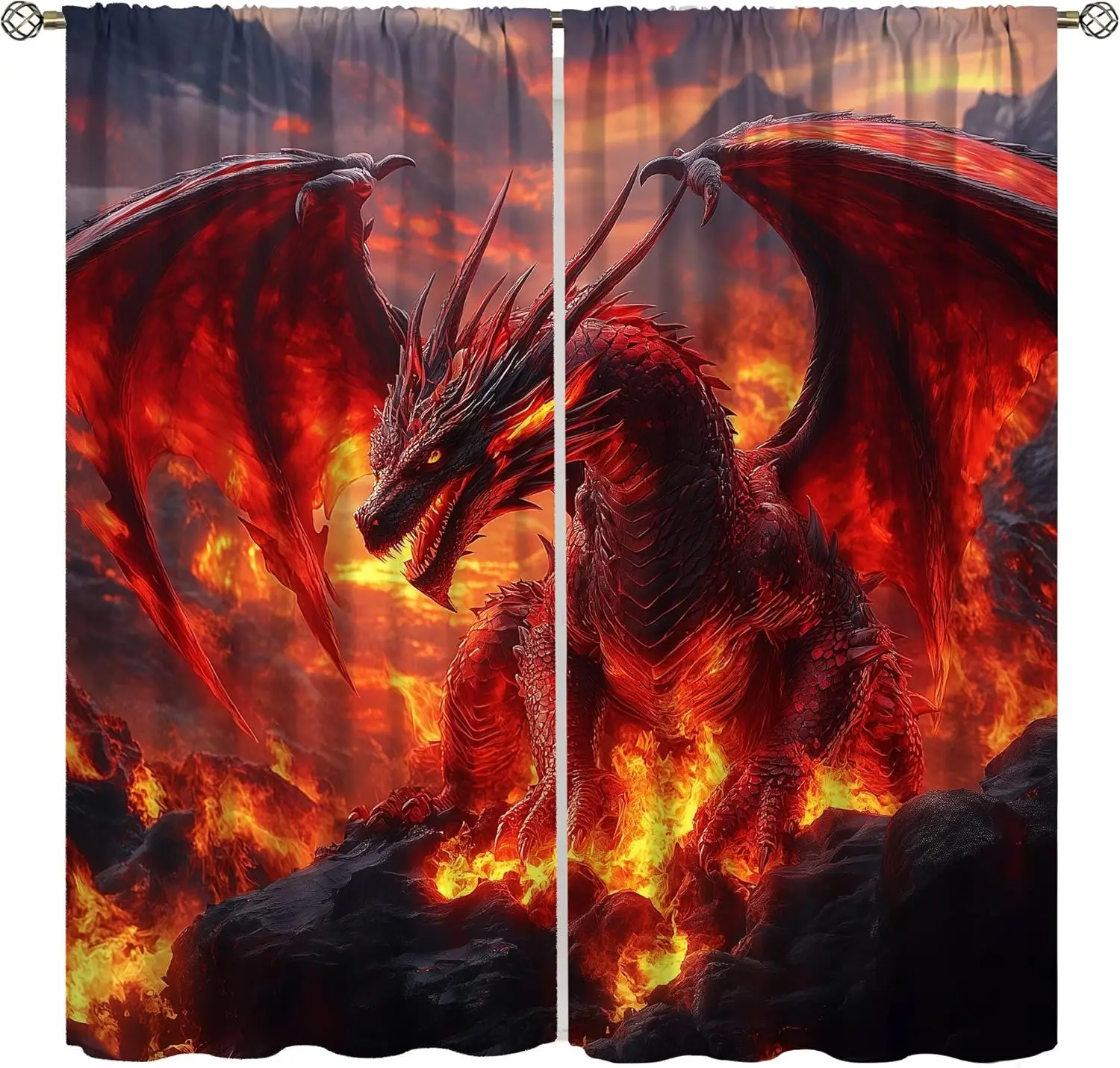 

Western Dragon Curtains for Boys,Fantasy Myth Red Volcano Lava Magic Wings Dragon Fire Breathing Window Treatments Print for Kid