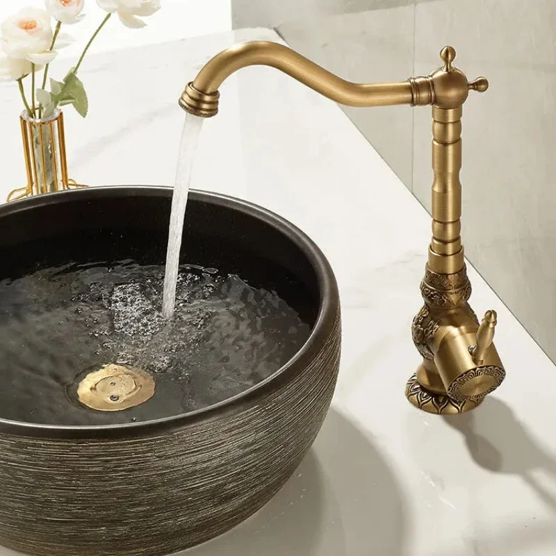 Antique Brass Basin Faucet Deck Mounted Wash Sink Tap Single Handle Mixer with Carved Hot & Cold Water Crane for Bathroom