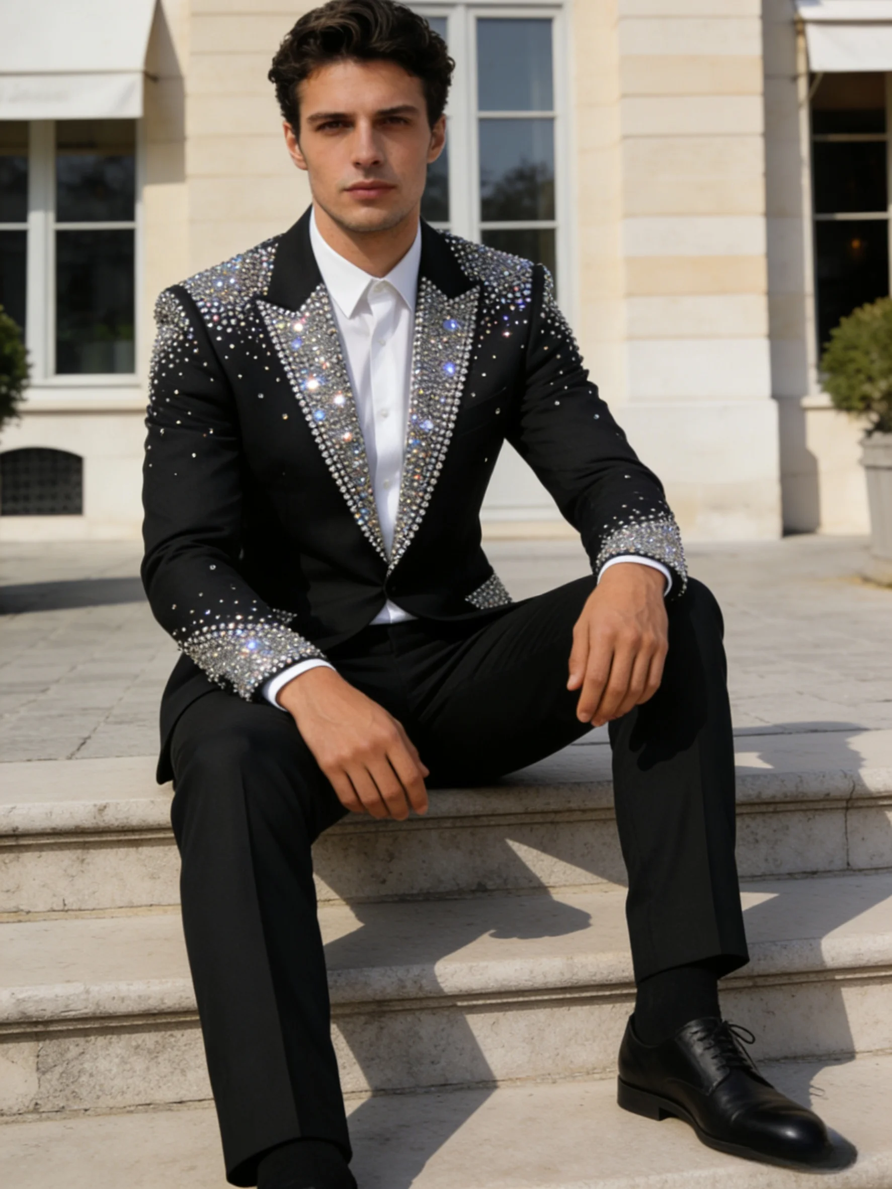 

Белый мужской костюм-двойка (пиджак + брюки) с жемчугом, роскошный, для свадьбы, официальных мероприятий, офиса, деловых встреч, жакет для жениха