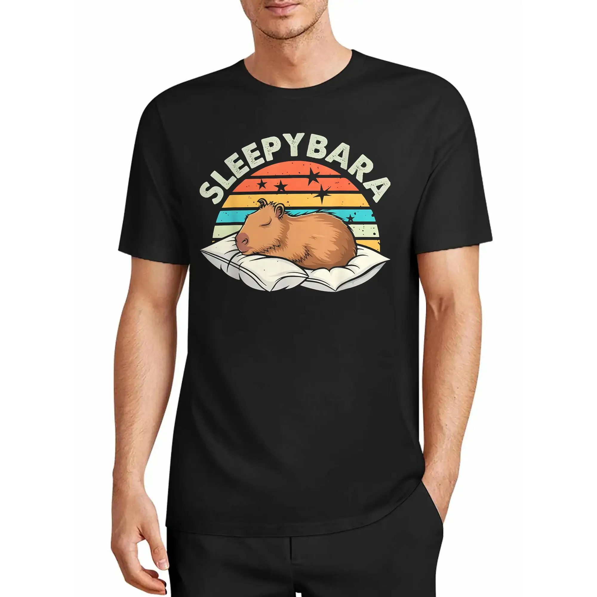 It Exudes a Lazy, Sleepy, and Gentle Vibe, Like a Capybara, Living Life at Its Leisurely Pace, Embracing All the Slow-Paced Beauty in Life. Black Loose-Fitting Short-Sleeved Top