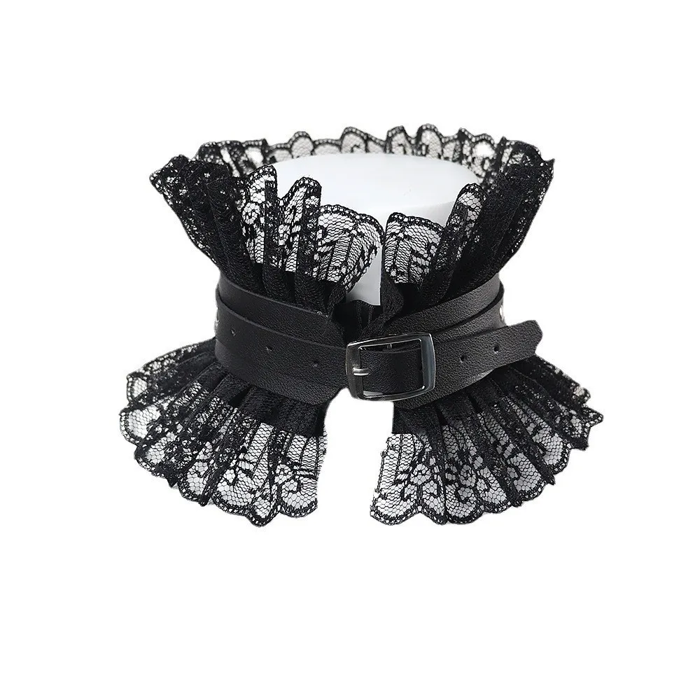Black Red Color Pu Leather Choker Vintage Style Adjustable Lace Lolita Choker Chunky Ruffled Floral Lace Gothic Neck Ruff