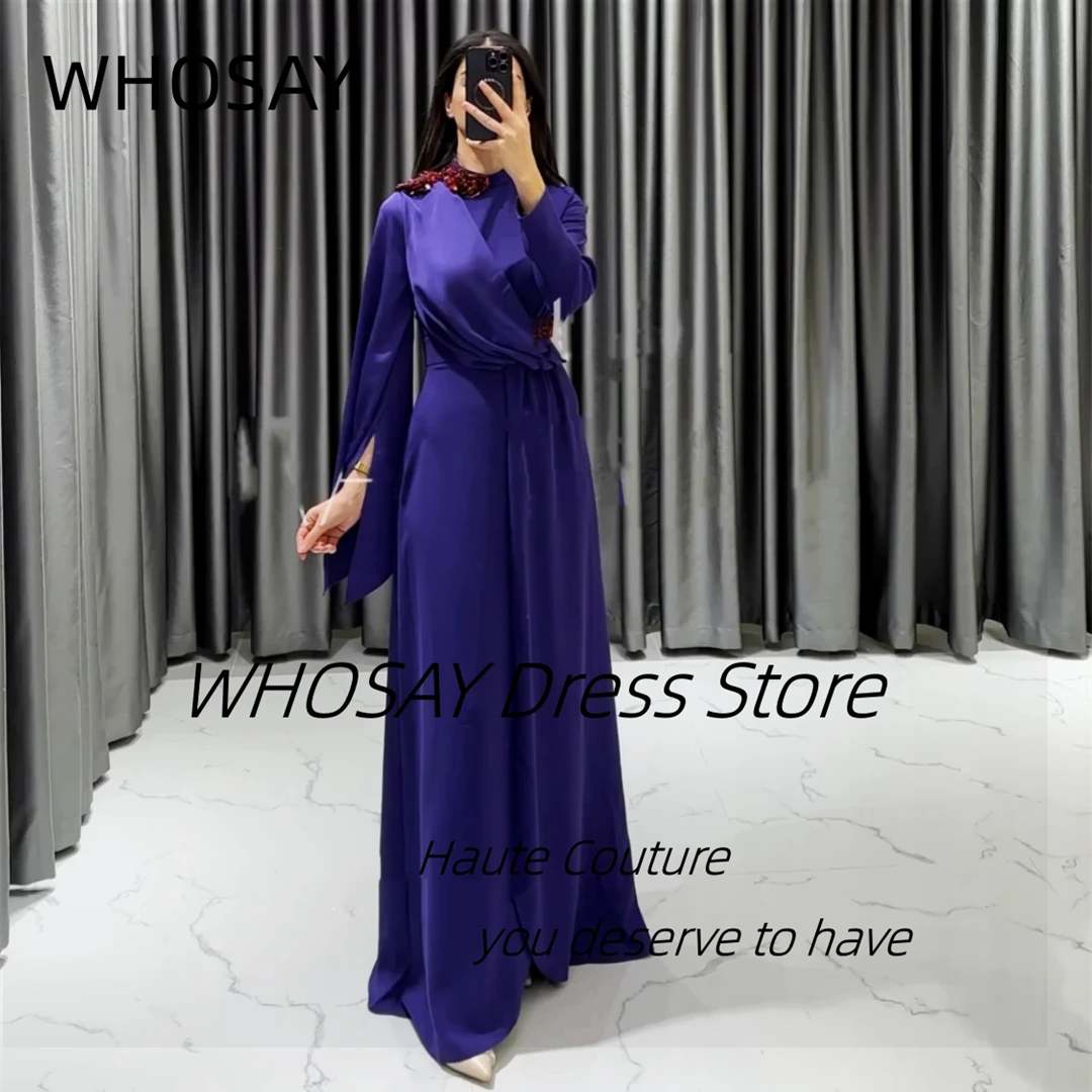 

WHOSAY Elegant Women High Collar Prom Dresses Customized Beaded Sequins Long Sleeves Evening Dress Saudi Party Formal Gowns