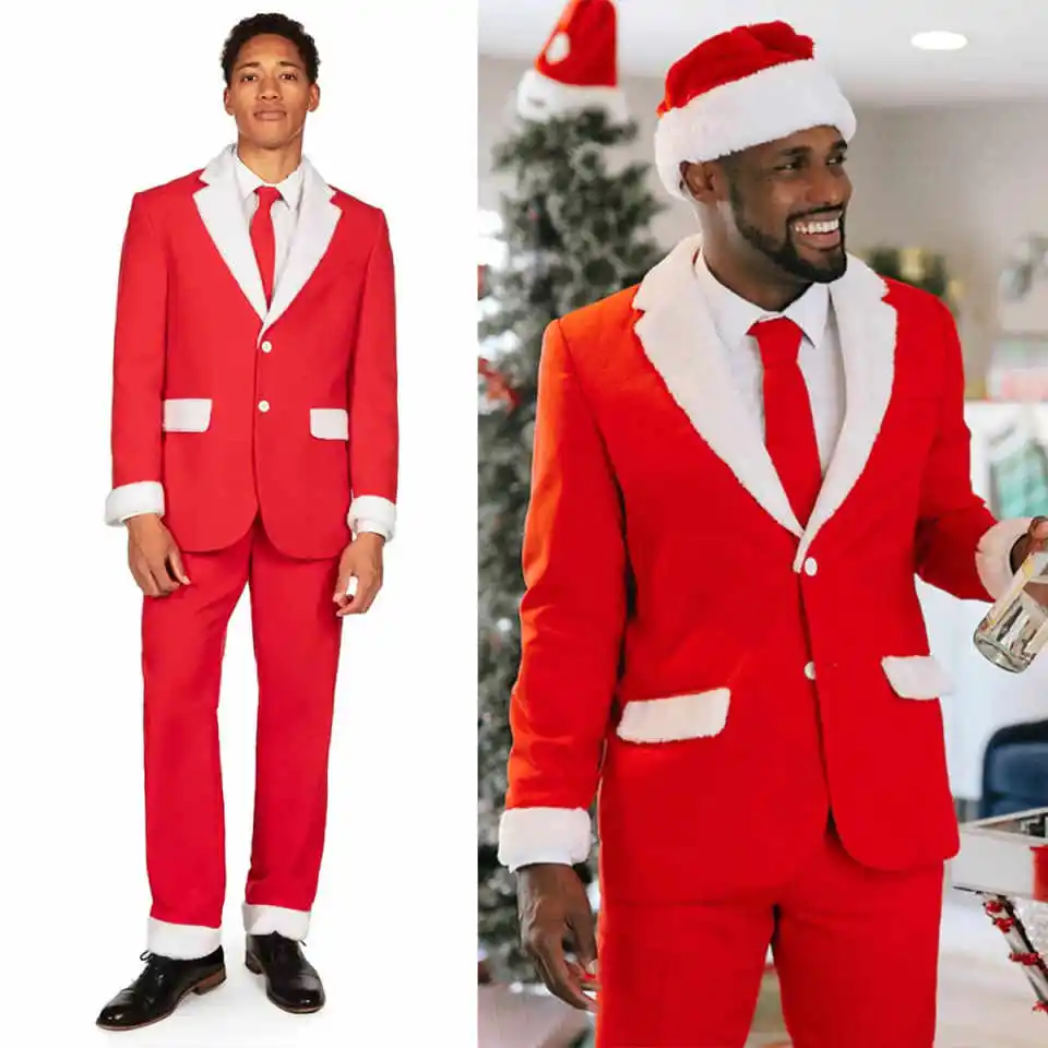 ชุดสูทผู้ชายสำหรับคริสต์มาส 2 ชิ้น เสื้อแจ็คเก็ตและกางเกง กระดุมแถวเดียว ชุดลำลองสำหรับงานปาร์ตี้ งานพรอม สามารถสั่งตัดได้
