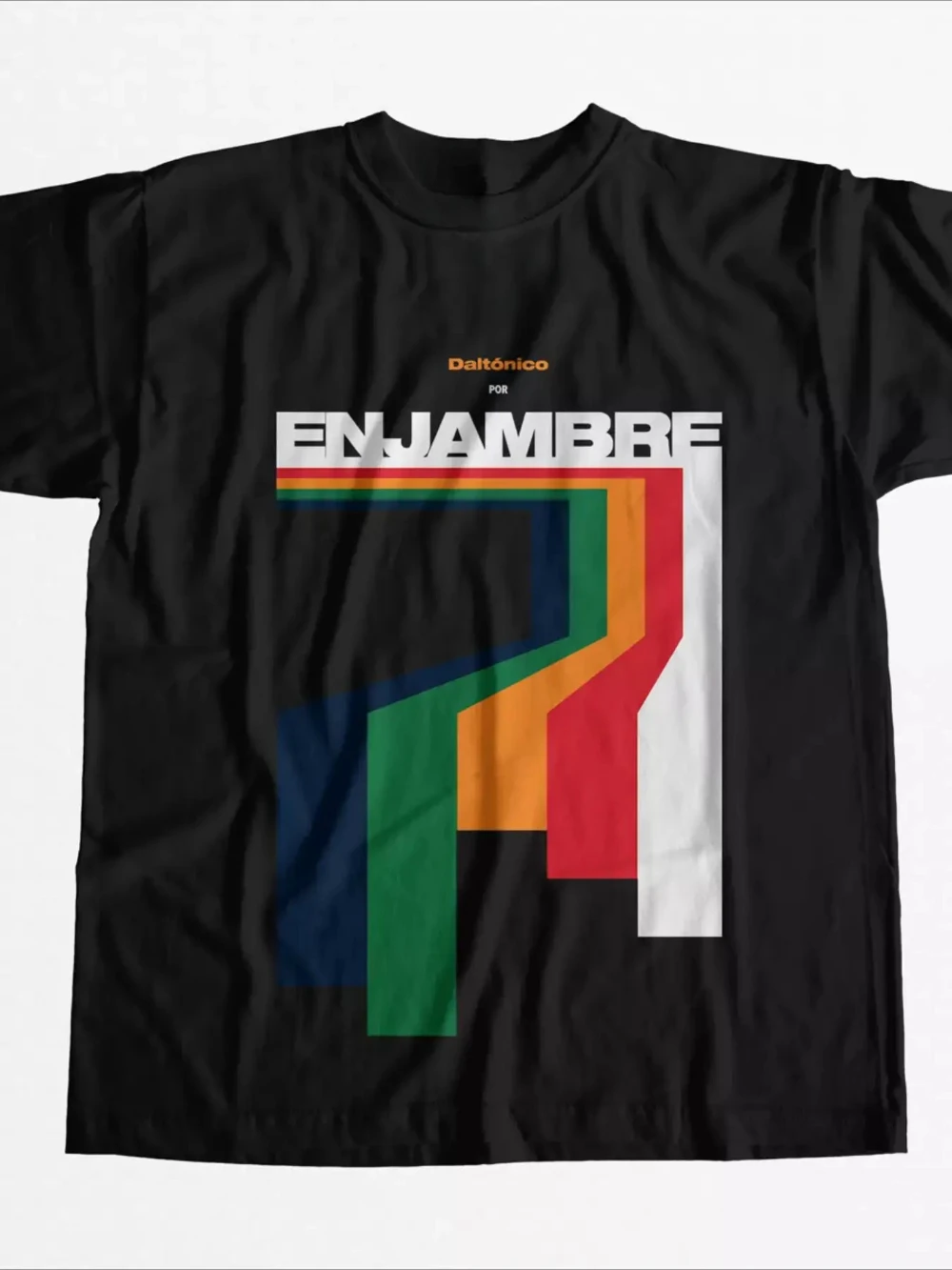 Schwarzes Herren-T-Shirt mit auffälligem Enjambre-Schriftzug und lebendigem geometrischem Design. Locker sitzende Streetwear für Paare.