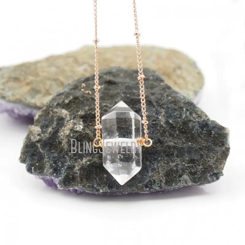 

10pcs Minimal Jewelry Clear Quartz Healing Crystal Wand Point Rose Gold Color Satellite Chain Boho Gemstone Layering Necklace