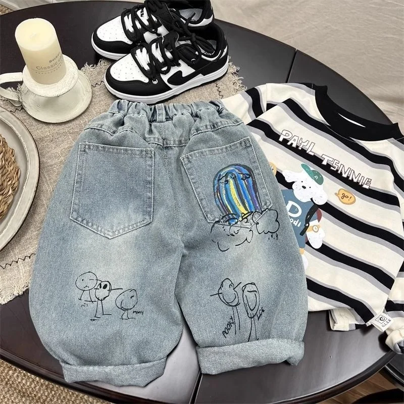 아동 청바지 바지 봄과 가을 바지 소년 스트레치 바지 2025 새로운 소년 아기 느슨한 인쇄 피트 바지