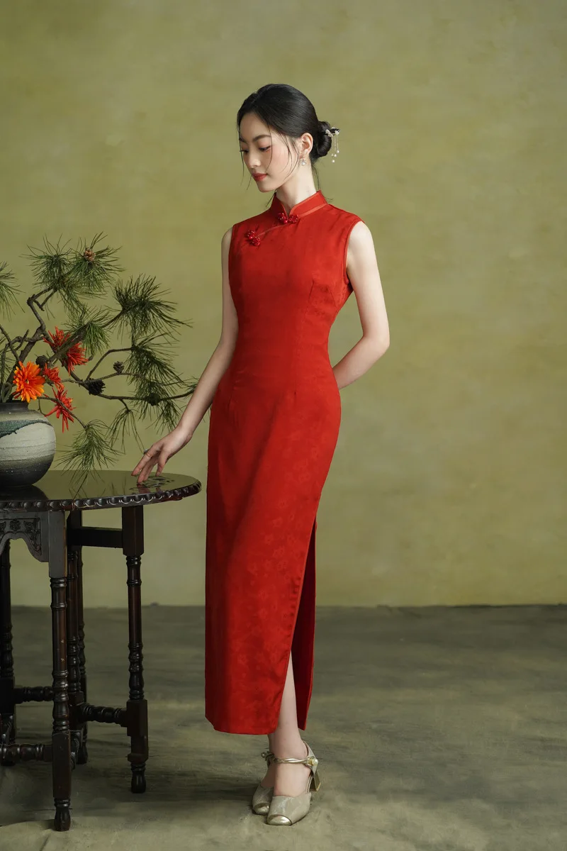 

Red Improved Jacquard Stand Collar Long Cheongsam Women's Girl Sleeveless Young Style Qipao Dress