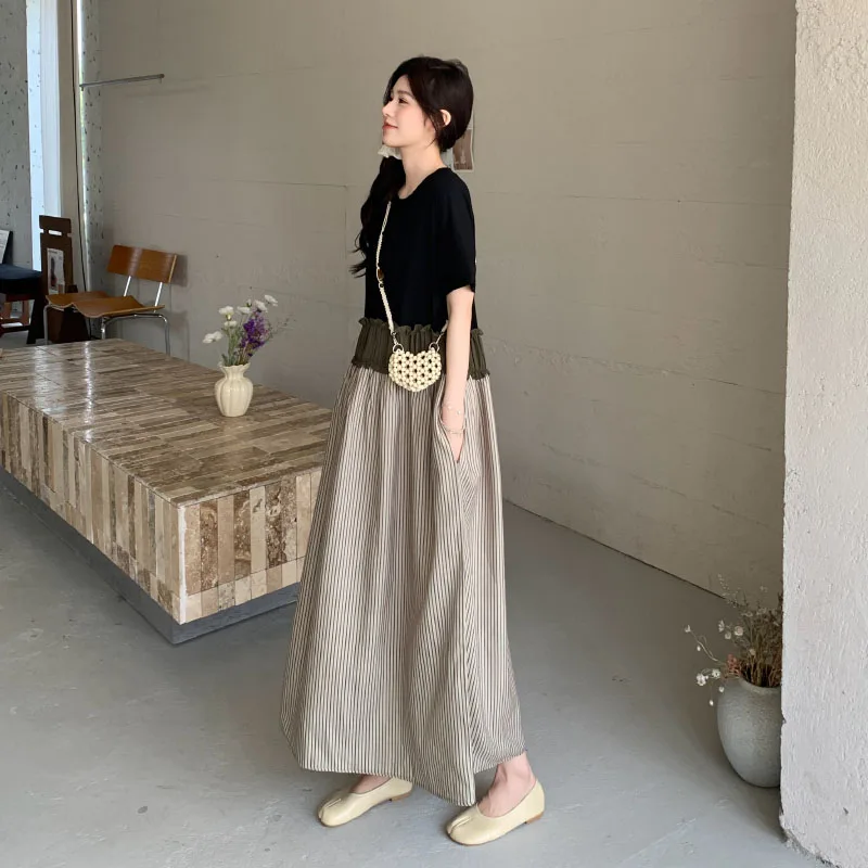 ฤดูร้อน 2025 ผู้หญิงหลวมพลัสขนาด Patchwork เสื้อยืดลาย Lady Vestidos หญิง Robe ใหม่ KE56069