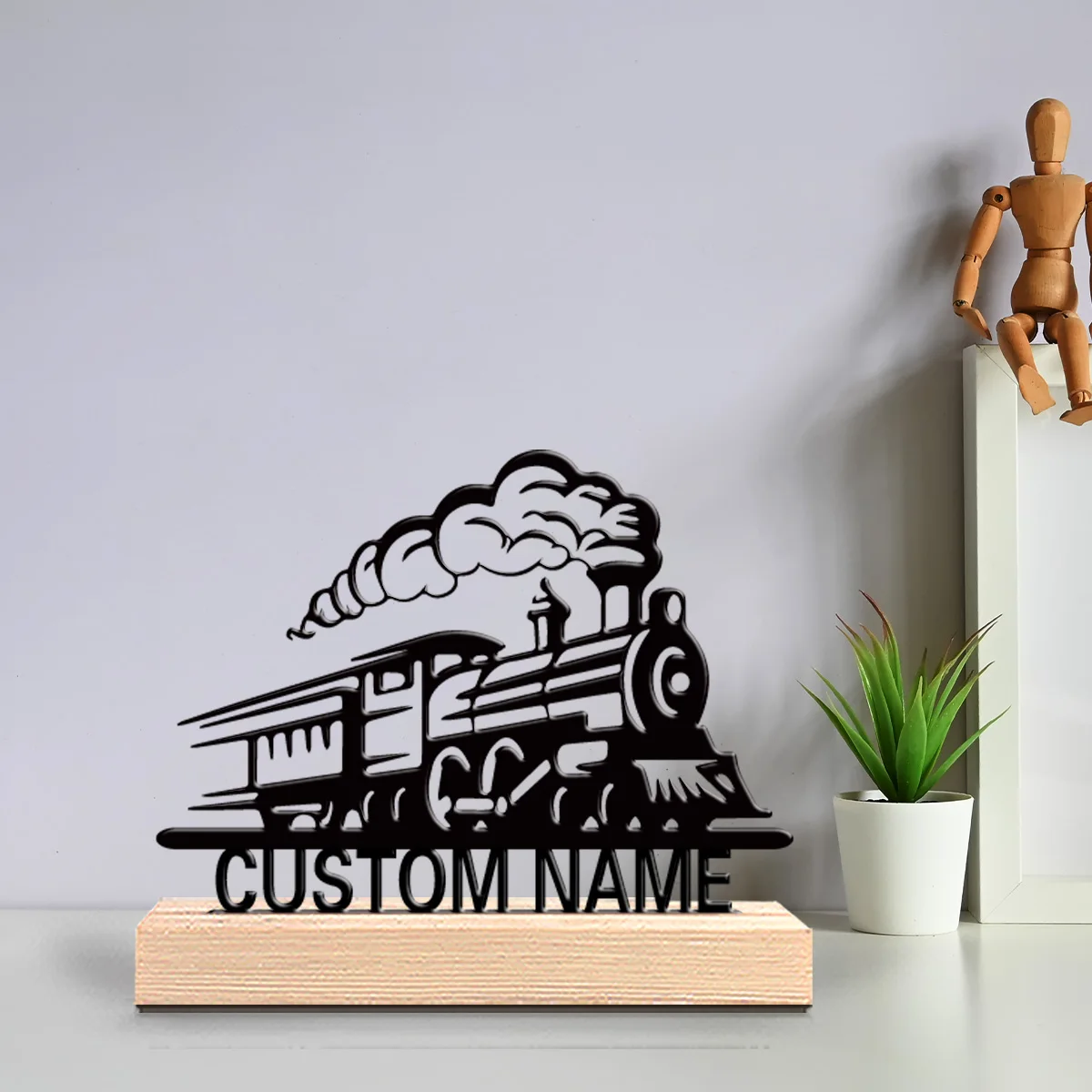 1pc Fashion train Personalized Letter Metal Statue Iron Ornament Art Figurine With Wood Base Metal Statue For Office Room Decor