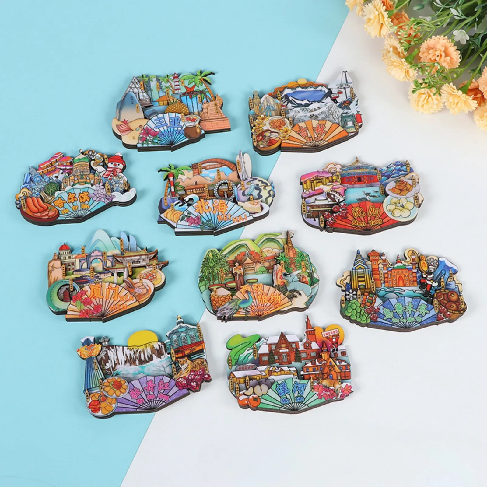 

Wooden Refrigerator Magnets Home Decor Fridge Sticker China City Landmarks Souvenir Special Local Product Painting Gift