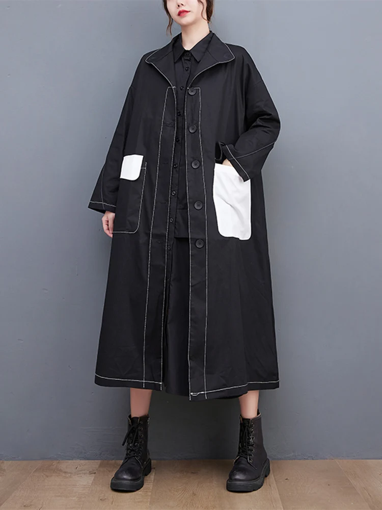 

2024 Spring Autumn New Black Vintage Oversized Long Trench Coat For Women Clothes Pocket Fashion Casual Loose Outerwear Cardigan