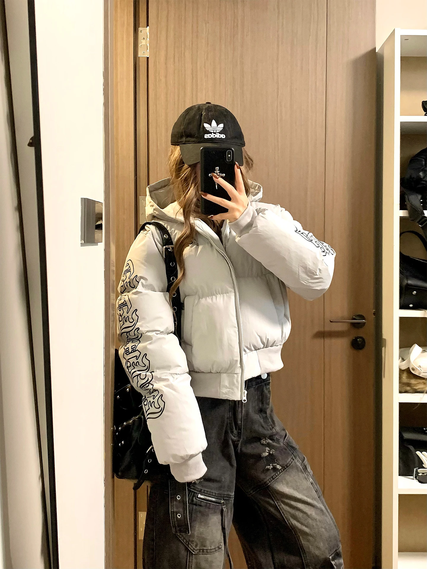 

Milione American Sle Retro ort Cotton Jaet Women's Hooded Letter Print Slimming Coat Straight Tube Long Sve Zipper C...