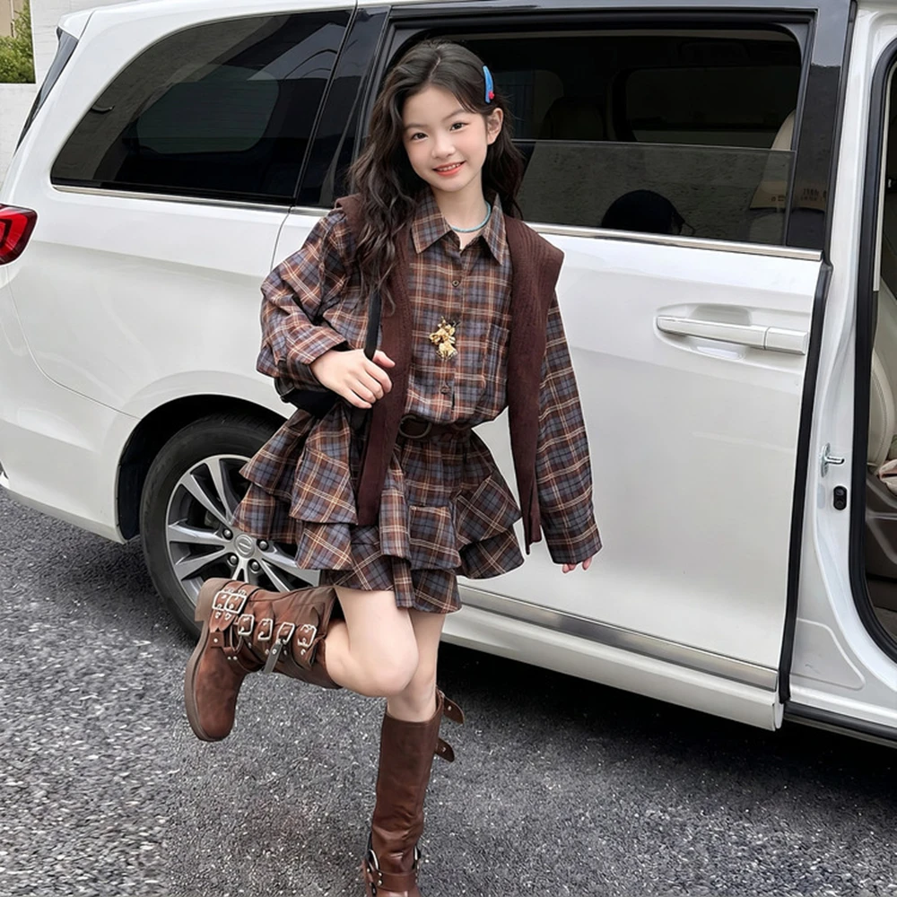 Teenager Girls Classic Plaid Dress Autumn Winter Lotus Leaf Princess Style with Shawl Junior Kids Girl Clothes