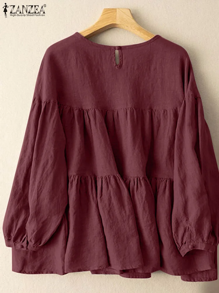 ZANZEA Autumn Women Tops Solid Cotton Blouse Lapel Long Sleeve Shirt Female O Neck Work Blusas Casual Loose Holiday Chemise