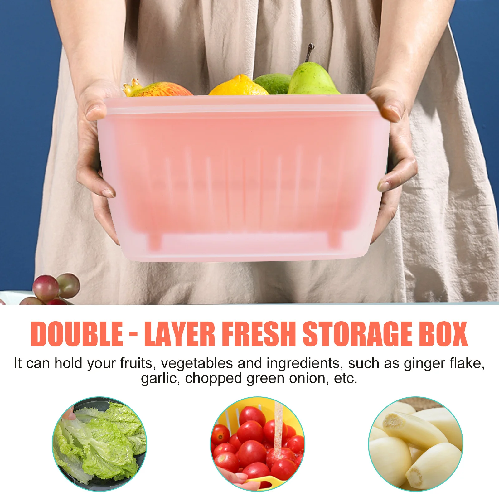

Food Storage Box Detachable Drain Design For Fruits Vegetables Ginger Garlic Pp Material Waterproof Sealing Crisper Berry