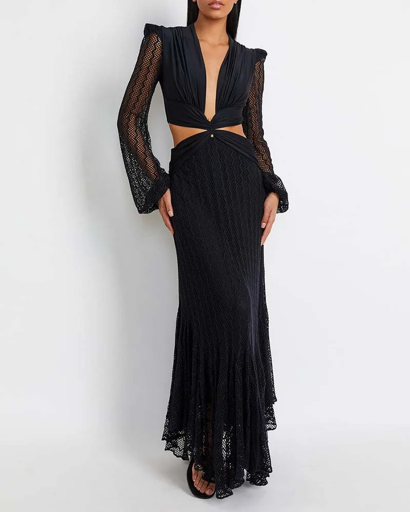 

Black Mystery Yarn Deep V Backless Leaky Waist Long Gauze Skirt Fashion Women's Beach Skirt Swimsuit Bikini One-piece Cover-up