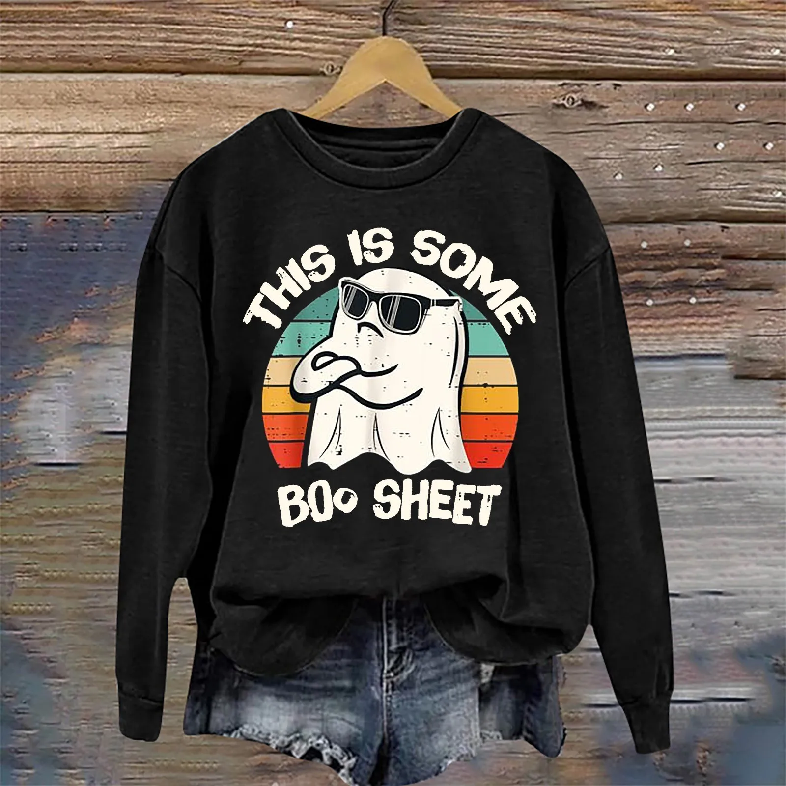 

Women's Halloween Ghost Print Hoodies Long Sleeve Crew Neck Y2k Hoodless Sweatshirt This Is Some Boo Sheet Graphic Sweater