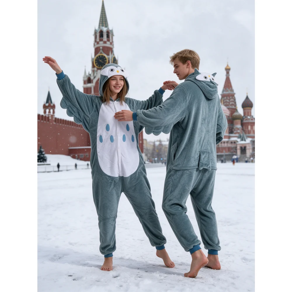 Flannel owl animal jumpsuit for men and women, autumn and winter warm nightgown, Halloween performance costume
