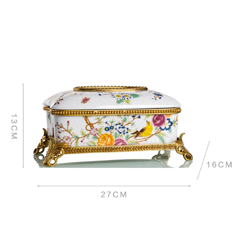 American Style High Grade Porcelain Brass Tissue Paper Box Cover Gold White With Bird Flowers Butterfly Rectangle Napkin Holder