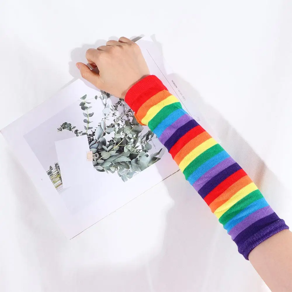 

Soft Simple Summer Hand Sleeve Sun Protective Thin Rainbow Sleeve Cuff Female Arm Warmers Striped Arm Warmers Knitting Gloves