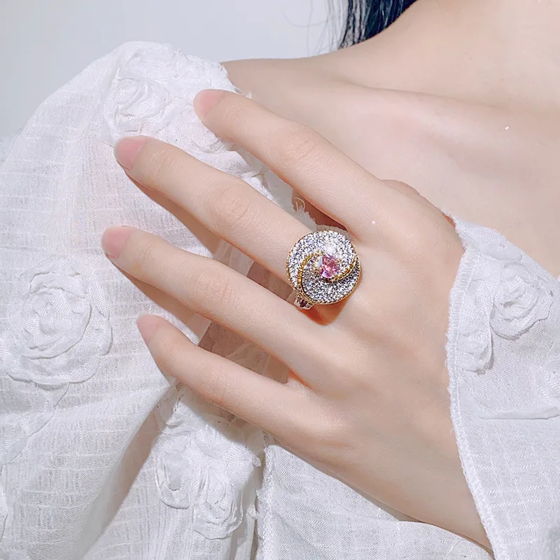 Copper Ring for Women, Colorful Zircon, Red Corundum, Full Diamond, Fashionable High-end Versatile Design