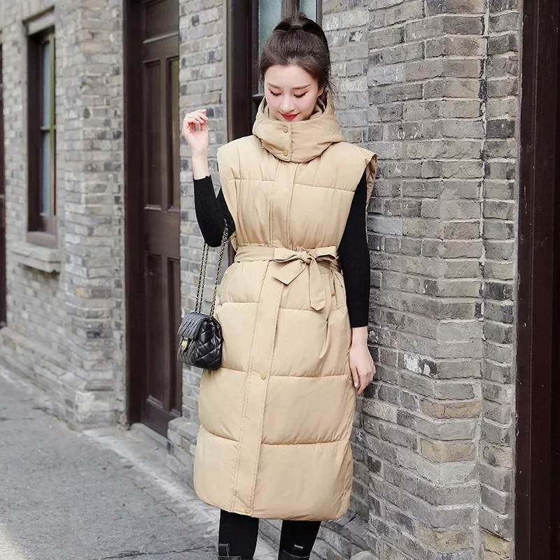 

Women Vests Parkas Sleeveless Hooded Stand Collar Solid Zipper Covered Button Pockets Coats High Street Outerwear Jackets Belt