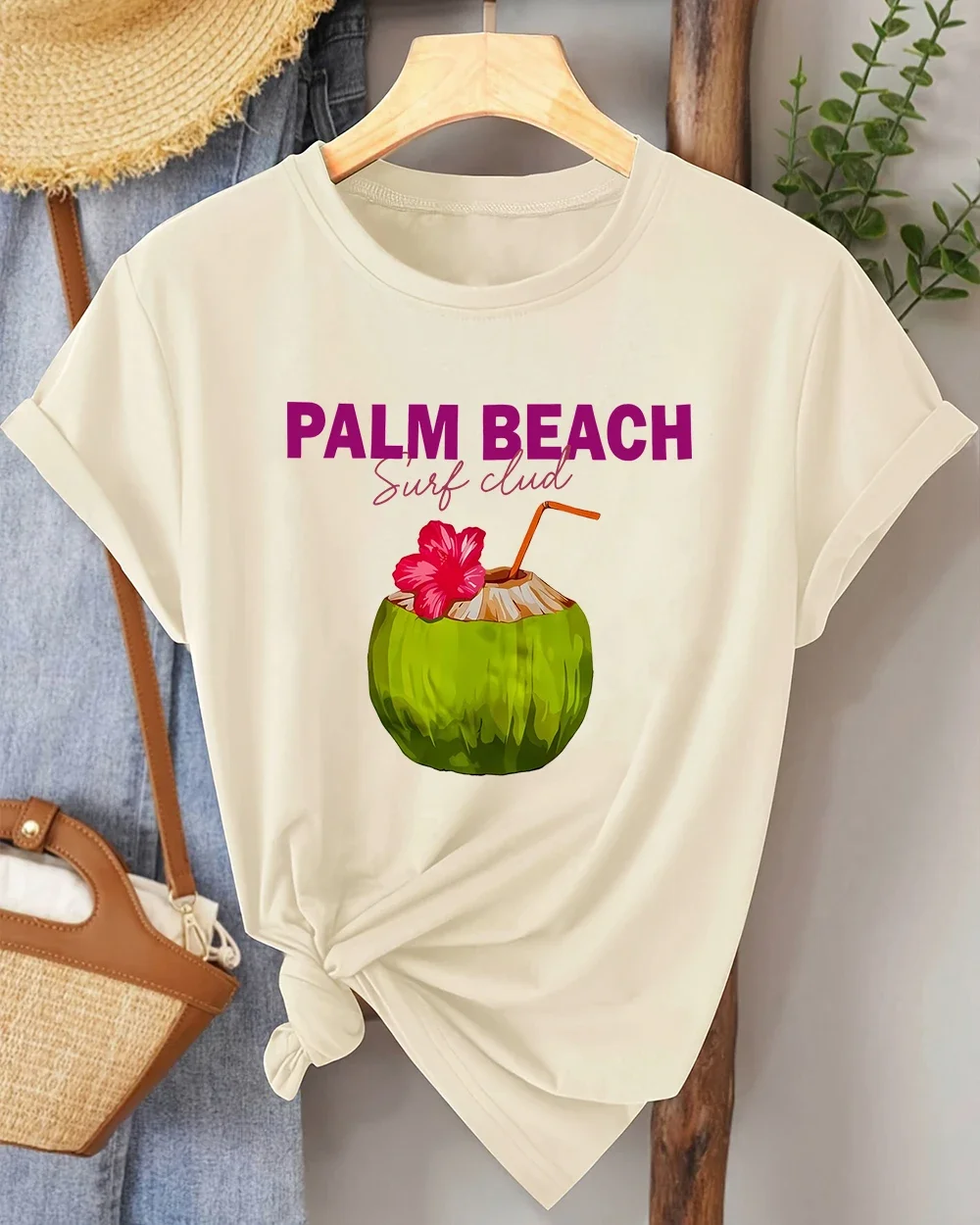 Palm praia fresco coco juiceretio camisetas mulher confortável t camisa esporte all-match roupas crewneck macio manga curta