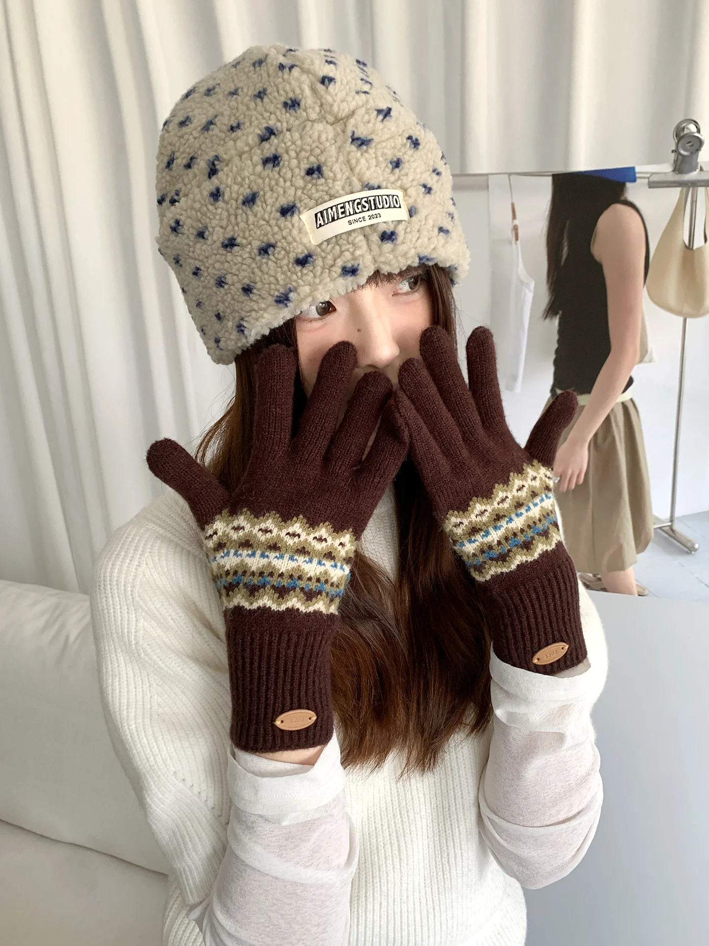 タッチスクリーンレトロフェアアイルカラーワークニット手袋女性用冬乗馬暖かく防寒指なし