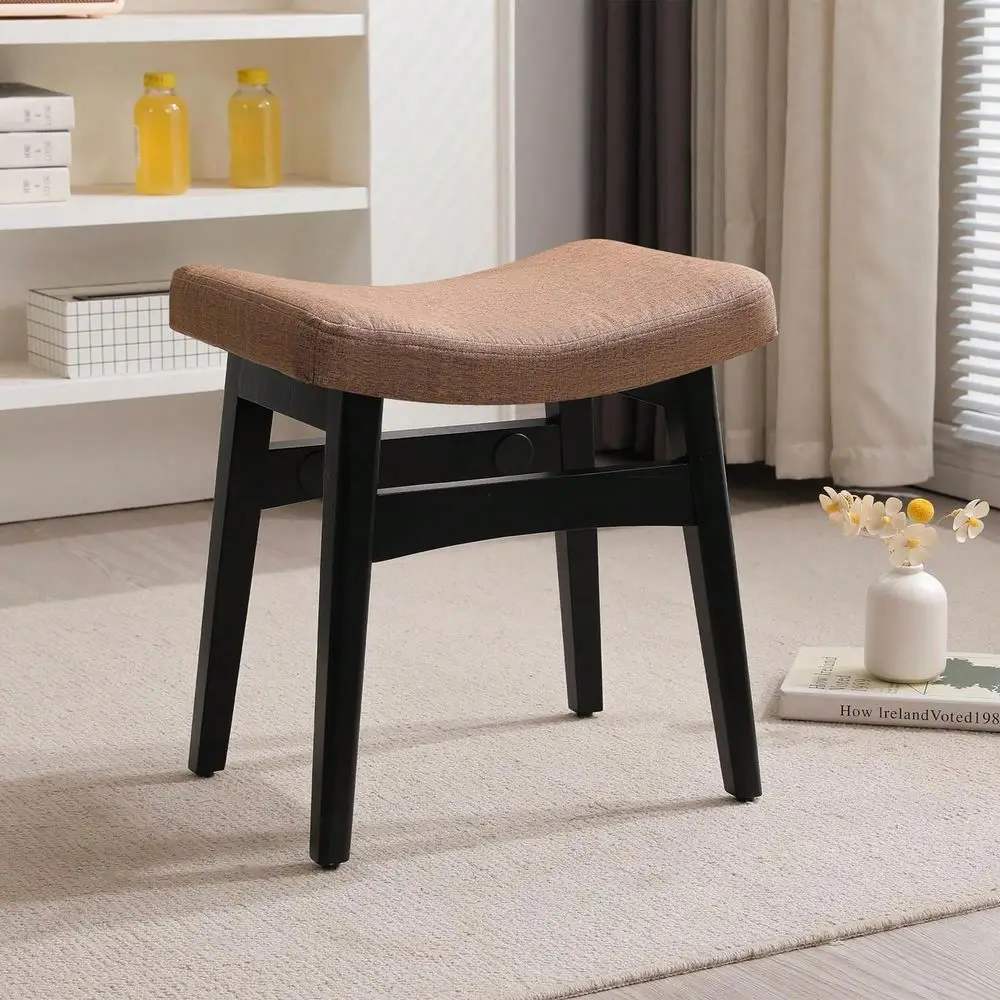 

Stool, Saddle Cushion Foot Stool, Modern Vanity Bench Ottoman With Solid Wood Legs,Black Leg Color Leg Brown Colour Fabric Cush