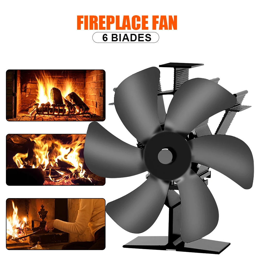 6 Blades Heat Powered Stove Fan Log Wood Burner Black Eco-fan Quiet Fireplace Fan Winter Home Warmer Efficient Heat Distribution