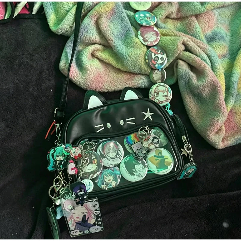 Umhängetasche, Katzenförmige Ita-Tasche mit transparentem Sichtfenster für Abzeichen, Pins und Puppen, leichte, niedliche Mode-Rucksäcke – Detail 7