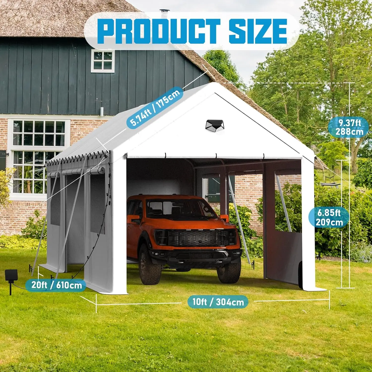 Car Port, Portable Garage Carports Canopy with Roll Up Doors & Windows and Removable Sidewalls, White