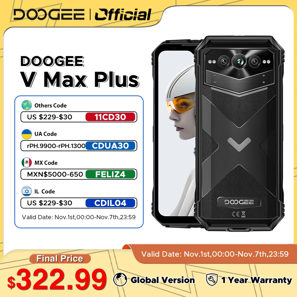 

Global Version DOOGEE 6.58" V Max Plus Rugged Phone 120Hz Display 16GB 512GB 200MP AI Camera 22000mAh Lighting effect Android 14