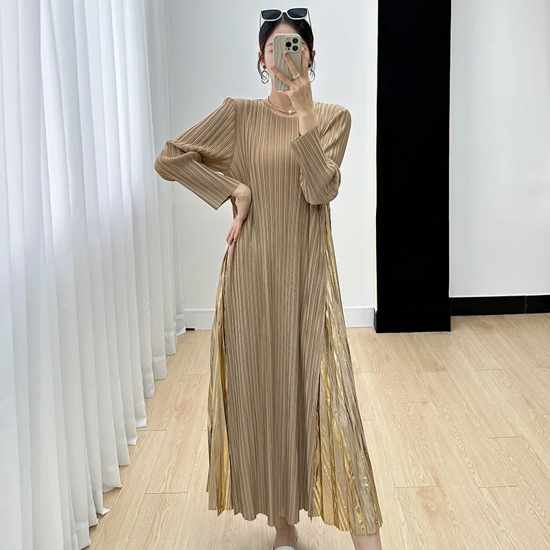 Miyake Dress Women\'s Fall 2024 New Style Commuter Style Loose and Slim Fashion Style Long Sleeve Mid Length Dress