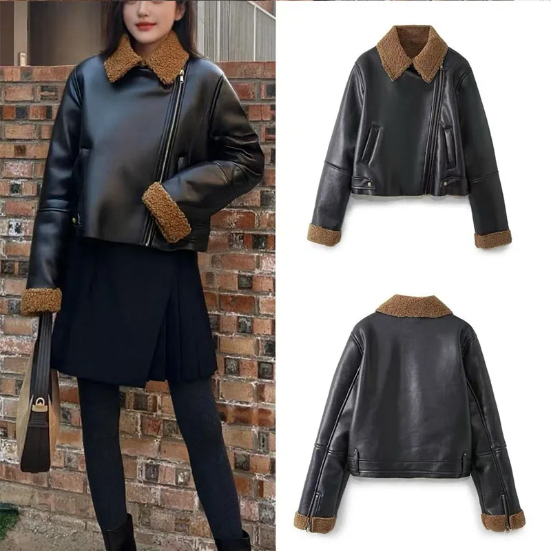 

2025 осенняя новая женская простая модная универсальная мотоциклетная куртка с воротником-стойкой на флисовой подкладке