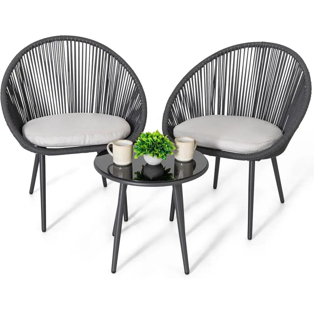 

Серый комплект садовой мебели из плетеного каната из 3 предметов с подушками для патио, сада, террасы или балкона