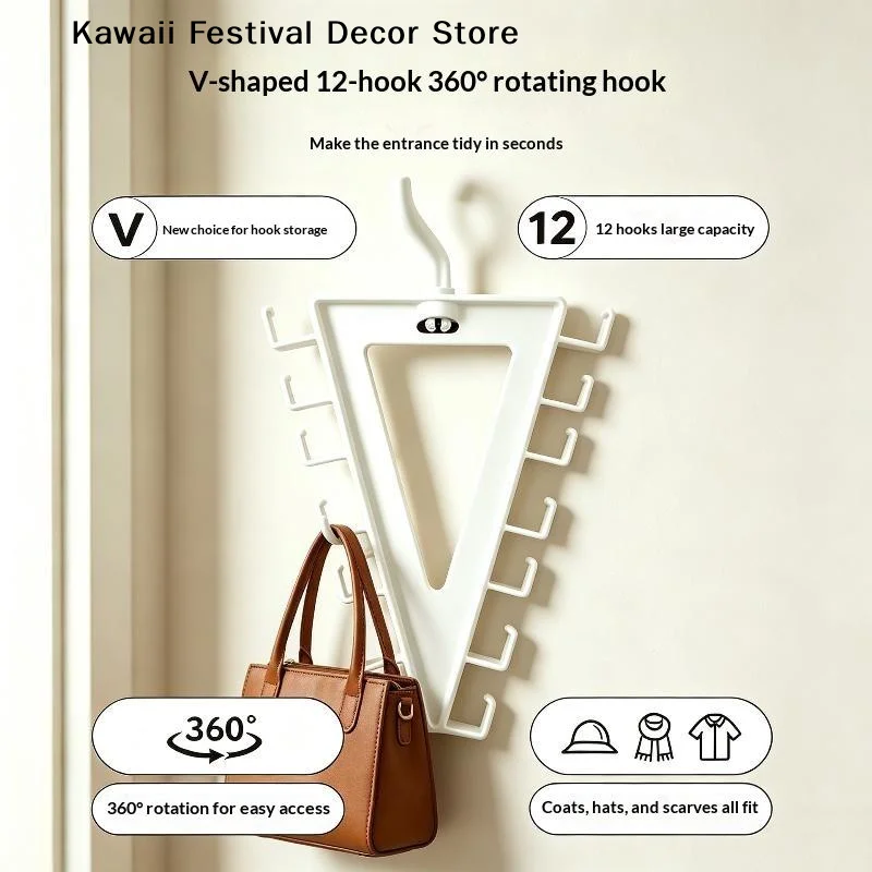 【K】1/2 PCS White V Shaped Over Door Hanger With 12 Hooks 360 Degree Rotation For Storing Bags Hats Scarves Clothes In Entryway