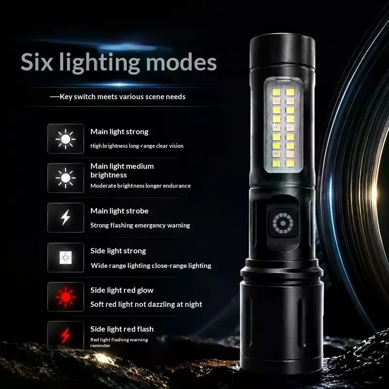 Flashlight LED COB Portable Zoomable Small Torch With Side Lights USB Rechargeable Outdoor Camping Fishing Emergency Lantern