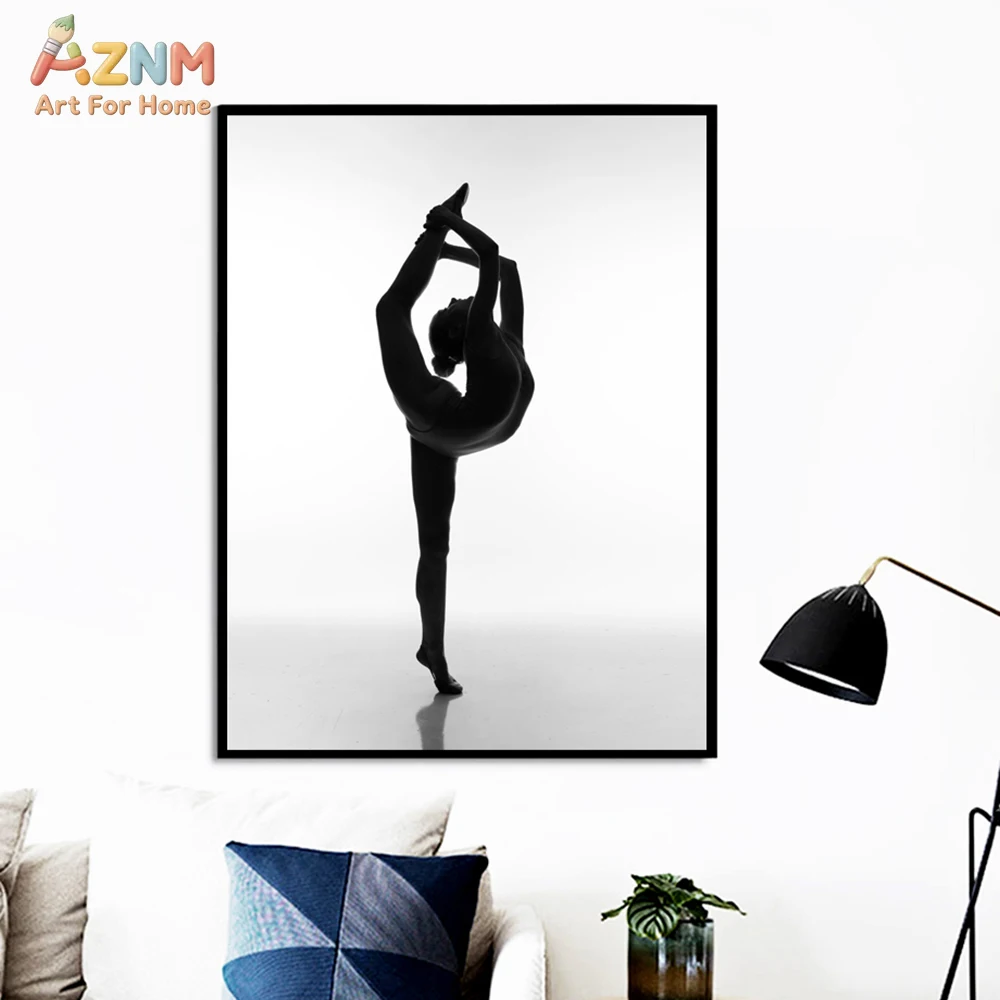 AZNM Black and White Ballerina Silhouette Canvas Wall Art, Elegant Ballet Dancer Pose Print, Frameless Minimalist Gymnastics Can