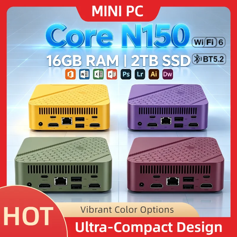 Intel Core N150 Mini Desktop 16GB RAM 2TB NVMe SSD Triple 4K Output WiFi6 BT5.2 Efficient Cooling Remote Home Office Pro Silver