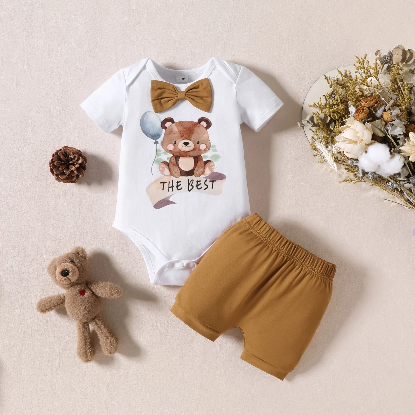 2Pcs Baby Boys Clothes 0-18M Bow Cartoon Print Top Solid Color Shorts Fashion Cute Soft Newborn 2024 Summer Wear Casual Clothing