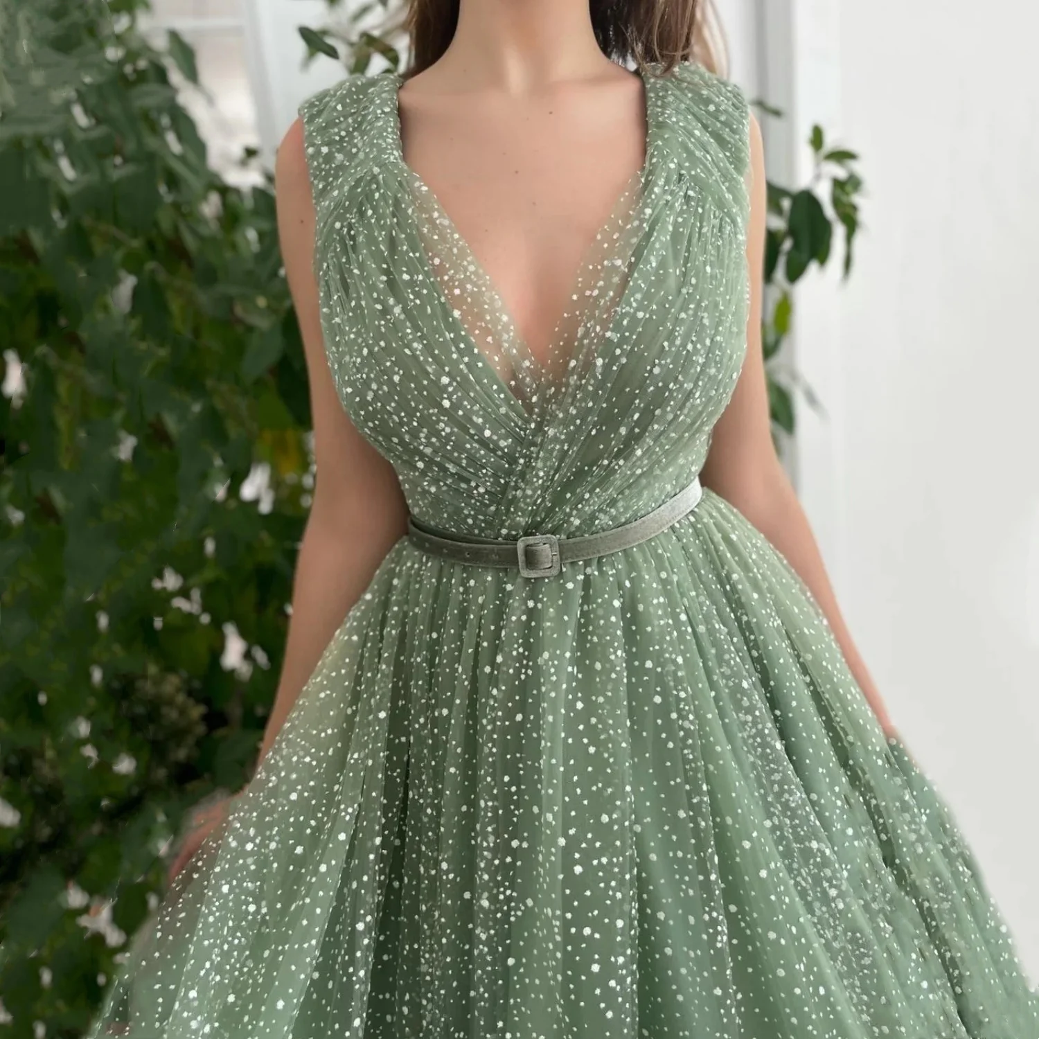 Lorrtta  Green Formal Prom Dresses Dot V-Neck A-Line Cap Sleeves Belt Evening Dress Dubia Occasional Party Gowns Customized