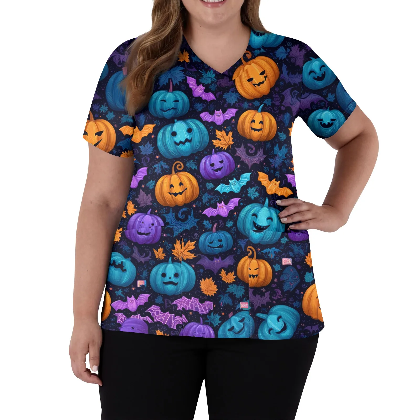 Women Nurse Uniform Halloween Print V-Neck Pocket Medical Uniforms Fashion Nursing Scrubs Uniforme Women's Work Wear